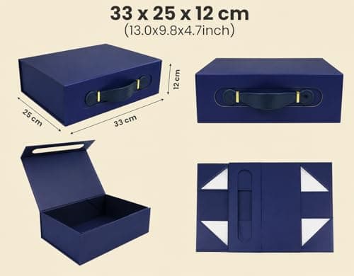 Emartbuy Blue Folding Magnetic Gift Box with Faux Leather Handle – 33 x 25 x 12 cm – Fits Hampers, Books & Mid-Size Gifts – Birthdays Weddings Christmas Corporate Gifting Trade — view 2