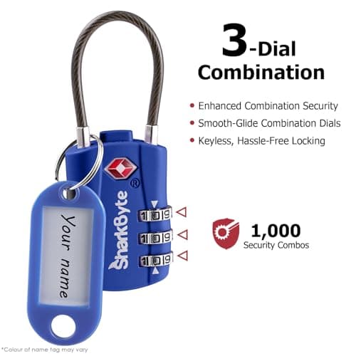 SharkByte TSA Approved Luggage Locks - 3-Dial Security Travel Combination Padlocks with Tags, Flexible Cable Wire Travel Locks for Suitcases, Gym Bags & Small Suitcases (3 Pack) — view 5