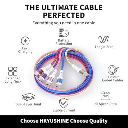 HKYUSHINE USB C Charger Cable, 5-Pack [3/3/6/6/10FT] 3.1A USB A to USB C Cable,Long Neck Reinforced Type C Charger Fast Charging for Samsung Galaxy, Google Pixel, LG, OnePlus, Moto G,iPhone 15/16/17 — view 2