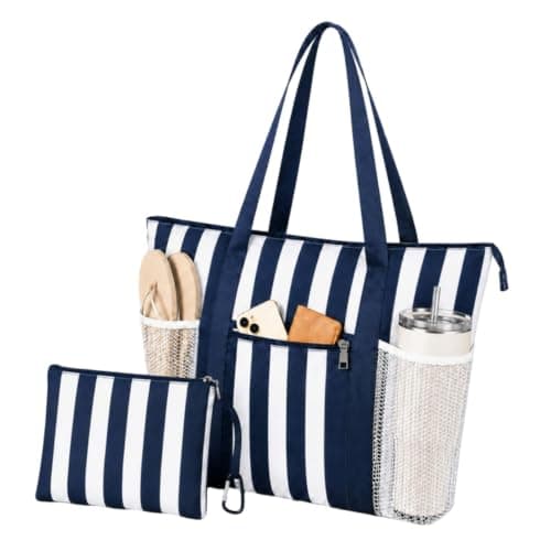 TAHAVICE Large Beach Bags for Women, Waterproof Summer Beach Tote Bag with Zip and Wet Compartment, Holiday Lightweight Bags for Travel, Pool (Navy Strip)