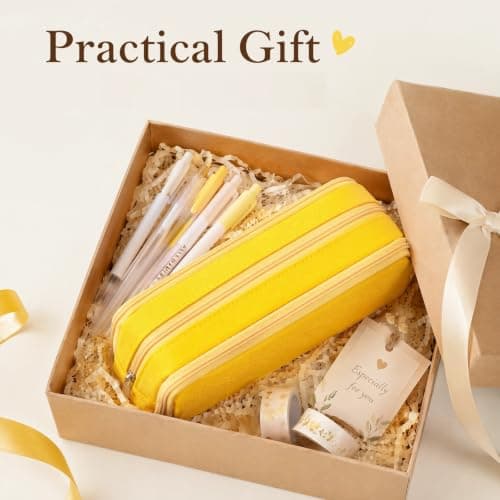 Large Capacity Pencil Case 3 Compartment Pouch Pen Bag for School, Yellow — view 5