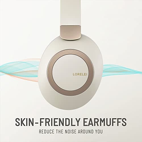 LORELEI B-C6 Wireless Over-Ear Headphones, 50H Playtime Foldable Lightweight Bluetooth Headsets, Deep Bass, Built-in Microphone, Memory Foam Earmuffs for Travel, Office (Beige White) — view 4