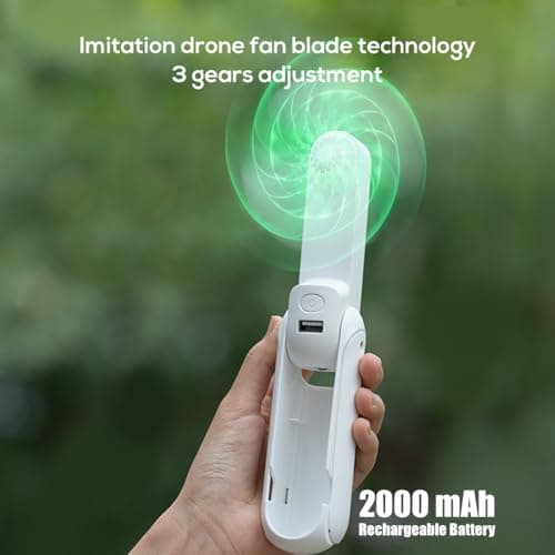 KALAMAN Handheld Mini Fan, 4 IN 1 Multifunction 3 Speed USB Rechargeable Small Pocket Fan with Flashlight and Cell Phone Stands Desk, Portable for Travel/Summer/Concerts/gifts (White) — view 2
