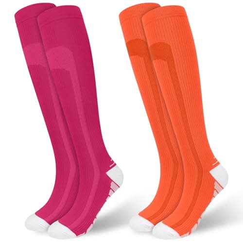 2 Pairs 15-20mmHg Graduated Compression Socks for Men & Women High Performance Long Sports Socks for Running,Cycling,Recovery Travel (UK, Numeric, 8, 11, Regular, Regular, Rose Red & Orange Yellow)