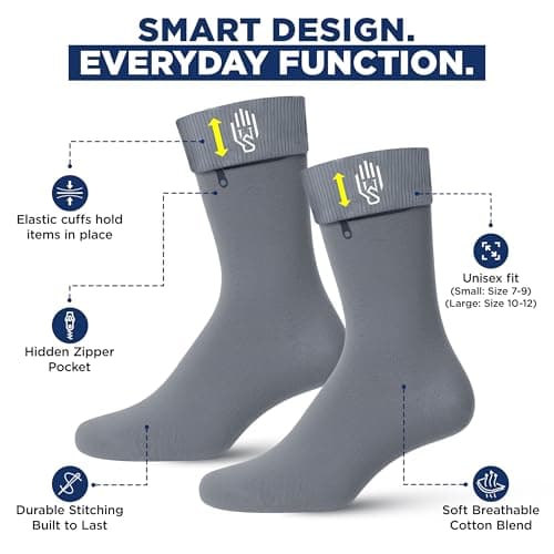 Wallet Socks - Anti Pickpockets Crew Socks for Women and Men w/Genius Hidden Zipper Pockets for Travel, Running Sizes 7-9, Grey, 5-8.5 UK — view 4