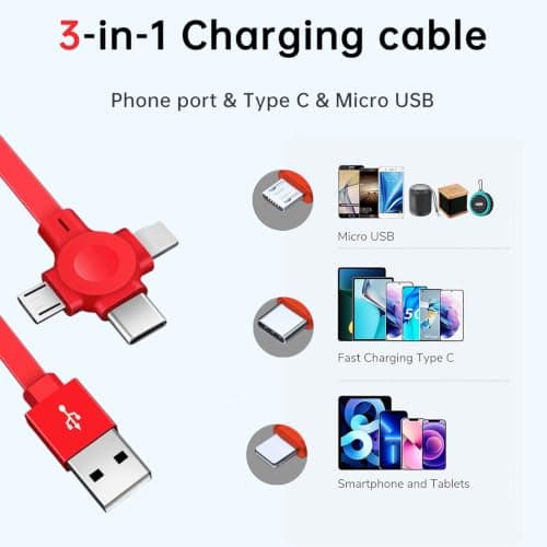 3 Pcs Retractable 3-in-1 USB Charging Cable, 3.28ft USB A to USB-C/Micro USB/Apple Device Interface, Fast Charging & Data Sync, Compatible with iPhone/Android/Tablet (Blue+Green+Red) — view 2