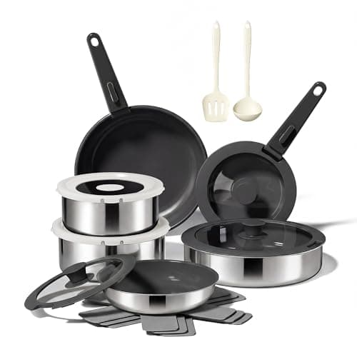 naturepan 16 PCS Ceramic Cookware Set, Stainless Steel Exterior Pots and Pans Set Non Stick, 10x More Durable Super Ceramic Coating, for Induction Hob Pan Set (Black)
