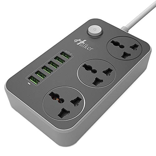 Hulker Extension Lead with USB Ports 3 Way Outlets 6 USB Ports Surge Protection UK Socket with Bold Extension Cord with Fuse and Shutter Power Strips Universal Socket, Black and Grey