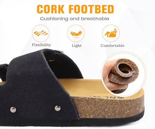 ONCAI Women’s Flat Slide Sandals Vegan Leather Adjustable Double Buckle Strap Cushion Cork Footbed Open Toe Mules with Non-slip Rubber Sole Black 6 UK — view 6