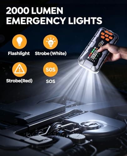 27000mAh Jump Starter Power Pack with Air Compressor 160PSI, Car Battery Booster Jump Starter (All Gas/14L Diesel/Hybrid) with Tire Repair Kit, Hook Stone, Tow Rope,Gloves, 2000 Lumen — view 6