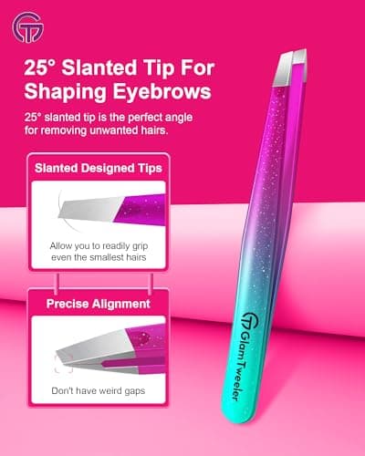 Expert Slant and Point Tip Tweezer Set with Exclusive Travel Case, GlamTweeler Sharp & Precision Tweezer Set for Eyebrows, Facial Hairs & Fine Hairs Removal (Sparkle Purple & Turquoise + Silver) — view 3
