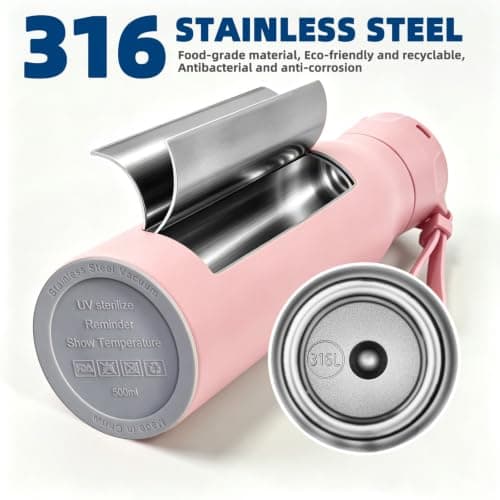 Insulated Stainless Steel Water Bottle with UV Sterilization & Hydration Reminder, USB-C Rechargeable, BPA-Free&Leak-Proof Smart Self-Cleaning Water Bottle, Ideal for Office, Travel and Gifts, Pink — view 3