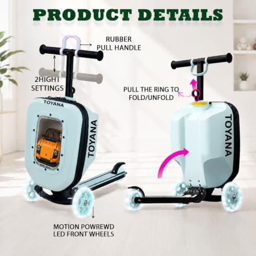 TOYANA 3-in-1 Suitcase Scooter for Kids, Foldable Ride-on Luggage Scooter, Aeroplane Carry-on Cabin Bag with LED Light-Up Wheels & Height Adjustable Handle for Toddlers 2-5 Years Boys & Girls - Mint — view 5