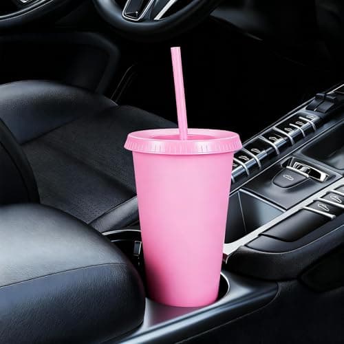 Yisituo 710ml Reusable Plastic Cups, 20 Pack Cold Cups with Lid and Straw, Tumblers Travel Mugs for Adults and Madam Party and Beach, Pool Gatherings (20, Pink) — view 3