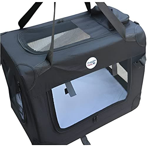 HugglePets Foldable Fabric Pet Crate Carrier - Black (Small 50 x 34cm) Lightweight & Ventilated Double Door Carrier for Dogs & Cats with Sheepskin Mat. Ideal for Home & Travel. — view 3