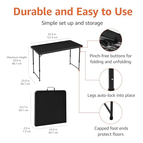 Amazon Basics 4-Foot Folding Table with Adjustable Height, Lightweight Portable Folding Tables for Indoor & Outdoor, Auto-Locking Legs, Carrying Handle, 121.4 x 60.7 x 86.1 cm, Black — view 2