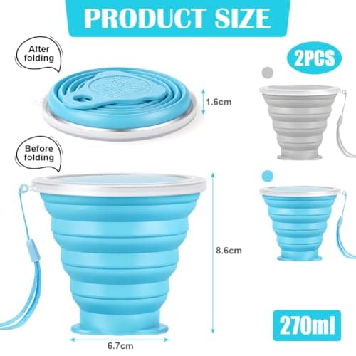 AUAUY Silicone Foldable Cups, 2 Pack 270ml Travel Camping Mug with Lid — view 2