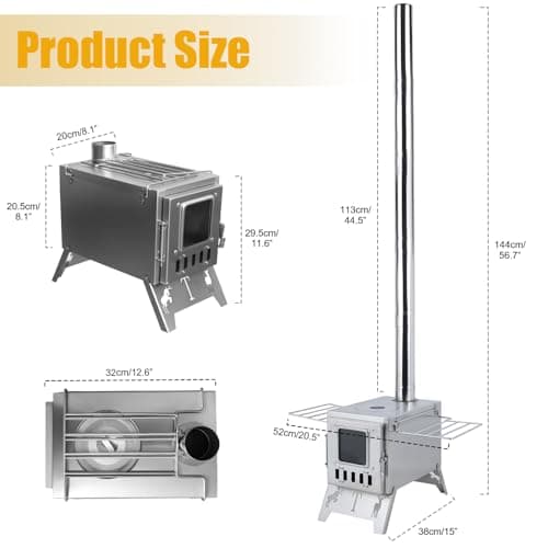 Hot Tent Stove with 5 Pipes Accessories, Wood Burning Camping Stove, Visible Window Side Panels Heating Cooking Wood Burner Stoves for Picnic Fishing Hiking (Silver) — view 6