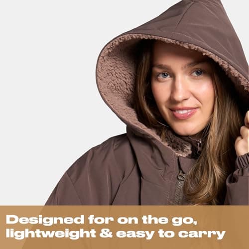 OHS Rain Coats for Women Men, Oversized Waterproof Changing Robe Fleece Lining Women's Jackets with Hood & Pockets Drying Robe Lightweight Ladies Jackets for Outdoor Travel, Brown - L/XL — view 6