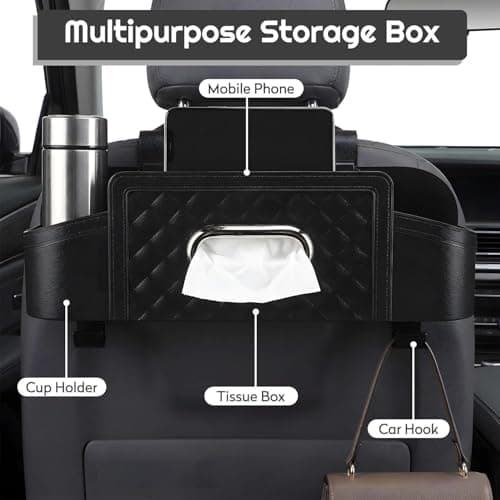 Car Seat Back Organizer with Cup Holder and Tissue Box, Plastic Multifunctional Storage Box for Car Travel Accessories, Cup Holders, Tissue Box and Hooks (Black 2 Pcs) — view 3