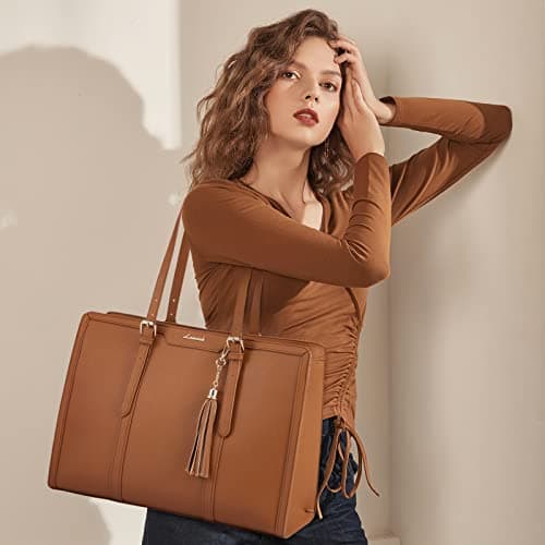 LOVEVOOK Laptop Tote Handbags for Women 15.6 inch Work Bags for Women Leather Ladies College Teacher Bag Large Shoulder Cross Body Bag Waterproof for Office Business School Shopping Travel Brown — view 2
