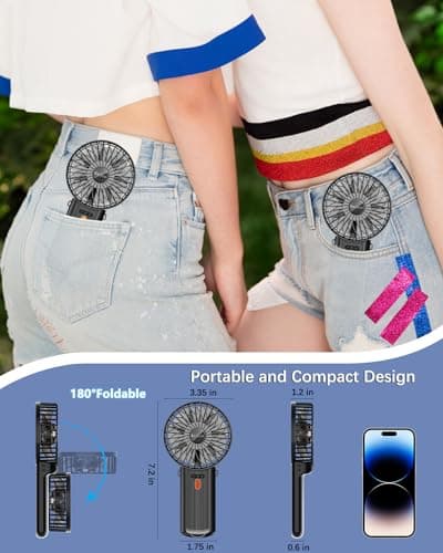 Portable Fan Handheld Fan with Neck Lanyard, Battery Operated Electric Powered USB Rechargeable Fans, 6-15H Cooling, 180° Foldable with 4 Quiet Speeds Mini Fans for Travel Outdoor Home Office, Black — view 4