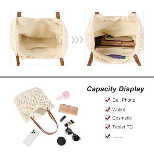 GLITZALL Beach Tote Bag for Women Cotton Rope Woven Shoulder Bag, Large Crochet Summer Handbag with with Faux PU Handles, Lightweight Travel Shopper Bag for Holiday Beach Shopping Everyday — view 4