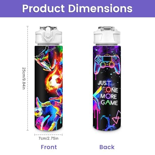Susfyhya Game Boys Water Bottle with Straw, 750ml Gamer & Football Drinks Bottle with Flip Top Lid, Leakproof Reusable Water Bottles with Strap, Gym Bottles for Boys Men, Football Gifts for Boy — view 2