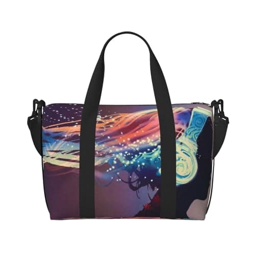 Woman with Glowing Headphones Print Travel Duffle Bag Lightweight Weekend Bag Travel Bag Holdall with Adjustable Strap for Weekend Trips Gym Travel Daily Use — view 2