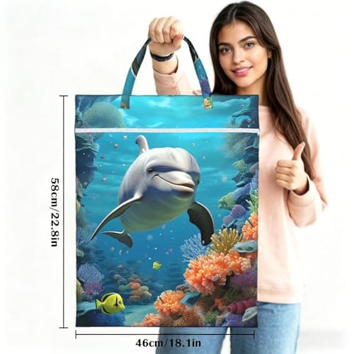 Dolphin and Coral Travel Laundry Bag for Dirty Clothes 1 PC, Foldable Waterproof Washable Wet Dry Bag with Handle Zippered Hanging Laundry Hamper for Travel, Gym, Swimming Pool — view 3