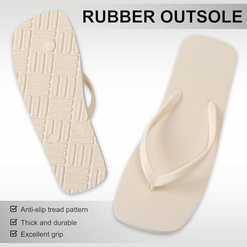 BBXWANG Unisex Flip Flops for Women Men Square Rubber Slip-Resistan Flip Flops Sandals for Shower Beach Pools (Off-white, Adult, Women, 5, Numeric Range, UK Footwear Size System, 6, Medium) — view 3