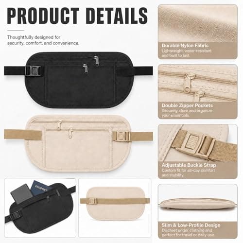 WVGSXBO 2 Pack Hidden Travel Money Passport Belt, Waterproof Anti-Theft Undercover Waist Pouch, Adjustable Secure Wallet for Passport Cash Cards Phone Adults, Black & Beige — view 3