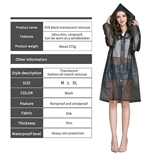 Kcmell Raincoat Adult Portable Rain Ponchos, Waterproof Rain Poncho for Men and Women, Black Transparent Rain Coats Reusable EVA Rainwear for Hiking Camping and Travel (Size XL) — view 2