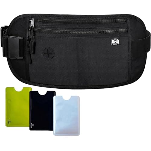 Money Belts for Travel Hidden Men Women, Passport Holder Secure Travel Money Pouch RFID Blocking Travel Wallet Anti-Theft Bumbag with 3 RFID Card Protector Sleeve Waterproof Fanny Pack