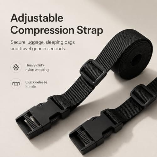 Solvind 2 Pack Luggage Straps, 1.5m Adjustable Heavy Duty Nylon Webbing Straps with Quick Release Buckles for Suitcase Camping Travel Backpack Compression, Black — view 3