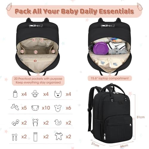 Baby Changing Bag Backpack with Portable Changing Mat Waterproof Nappy Bag Multifunction Baby Diaper Bags Large Rucksack Bag for Mom & Dad Black — view 5