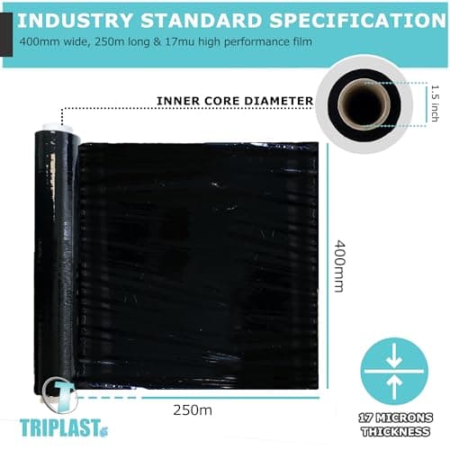 Triplast Pallet Stretch Shrink Wrap Roll (400mm x 250m) - Pick Qty & Colour - Heavy Duty Pallet Wrap, Industrial Stretch Wrap, Packaging Cling Film, Strong Plastic Wrap, Luggage Wrap (Black, 1 Roll) — view 2