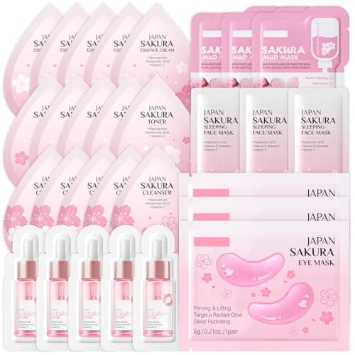 29pcs Sakura Travel Skincare Set – Hydrating Face Care Kit with Cleanser, Toner, Serum, Essence Cream, Eye Masks, Sleeping Masks & Mud Masks – Portable Beauty Set for Travel & Holidays