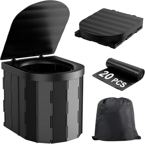 Portable Camping Toilet for Adults with Lid, Foldable Travel Toilet with Carry Bag & Disposal Bags, Outdoor Portable Toilet for Camping, Fishing, Campervan, Caravan & Festivals, 150kg Load Capacity