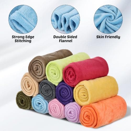 Anmrept 12 Pcs Flannel Throw Blankets Bulk Multicolor Lightweight Flannel Blanket Pack for Home Bedroom Office Warm Soft Throws for Travel Camping Picnic Wedding 27.6 x 39.4 Inches — view 3