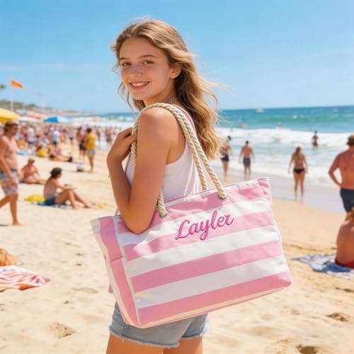 Custom Beach Bag, Personalised with Name Embroidered – Summer Beach Bags for Women, Large Capacity Striped Travel Storage – Holiday Gift for Her Mum Vacation Trip (Turquoise) — view 2