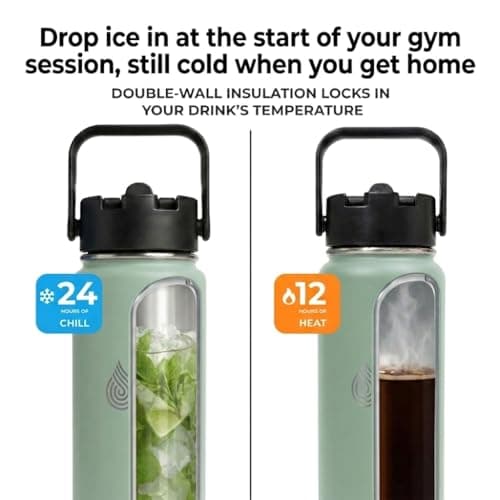 Insulated Metal Water Bottle with Straw 750ml- Stainless Steel Water Bottle, BPA Free, Dual Lid Straw & Spout, Leakproof, 24 Hours Cold & Hot, Work, Travel, Gym Bottle for Men & Women -Green- Daydrate — view 2