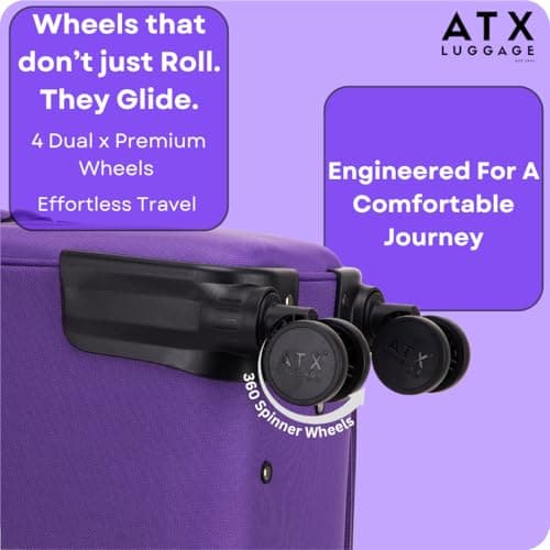 ATX Luggage 24" Medium Suitcase Soft Shell 73L Expandable Lightweight 20-23KG Hold Check in with 4 Spinner Wheels and Built-in 3 Digit Lock (Purple) — view 4