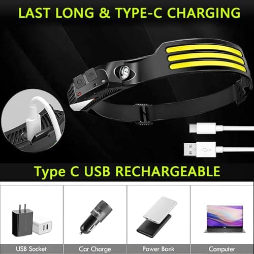 10Pack LED Headlamp Rechargeable with 3 Led Strip, 230° Wide Beam Head Lamp for Forehead, 6Mode Hard Hat Light for Adults, Flashlight for Work, Hiking, Running, Camping Essentials Gear — view 5