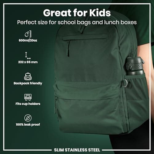 Ion8 Lightweight Steel Water Bottle, 600 ml/20 oz, Non-Insulated, Leak Proof, Easy to Open, Secure Lock, Dishwasher Safe, Flip Cover, Fits Cup Holders, Carry Handle, Metal Water Bottle, Dark Green — view 2