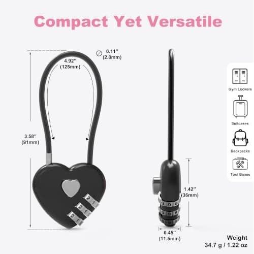 UP Security Premium Combo Lock, Combination Locks for Travel Security, Small Cable Lock for Backpack, Travel Security, Luggage, Suitcase, Bag, Anti-Theft, 3-Digit Password, No Keys (Black+Black) — view 3