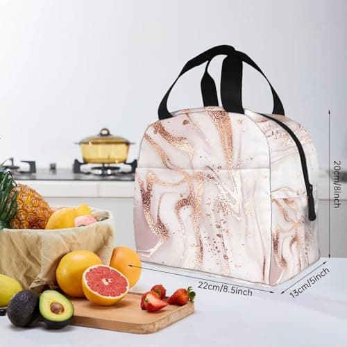 HYEPNED Rose Golden Marble Reusable Insulated Lunch Bags for Women & Kids & Girls & Adults & Ladies, Waterproof Leak-Proof Cool Bag for Work School Picnic (Pink) (Pink) — view 5