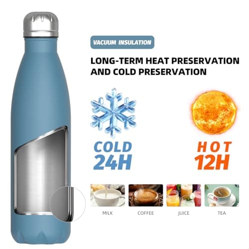 WATERSY Stainless Steel Insulated Water Bottle, Double Walled Metal Vacuum Flask Keep 24 Hrs Cold & 12 Hrs Hot Thermal Metal Sports Bottles 500ml BPA Free for Outdoor, Work, Gym, School (Smog Blue) — view 3