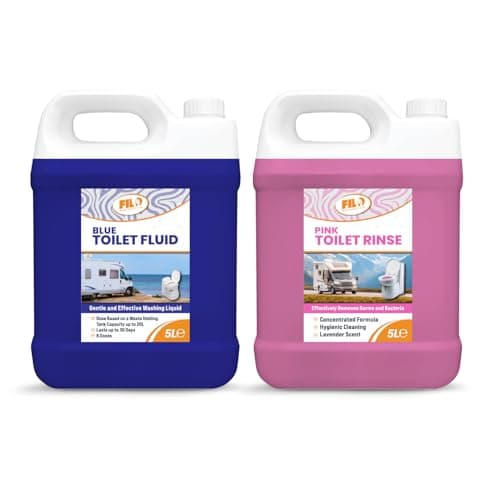Filo Blue Toilet Fluid 5L & Pink Toilet Rinse 5L - Caravan Toilet Chemicals (10L) for Motorhomes, Campervans & Portable Cassette Toilets - Eco-Friendly Waste Breakdown, Up to 50 Treatments Each