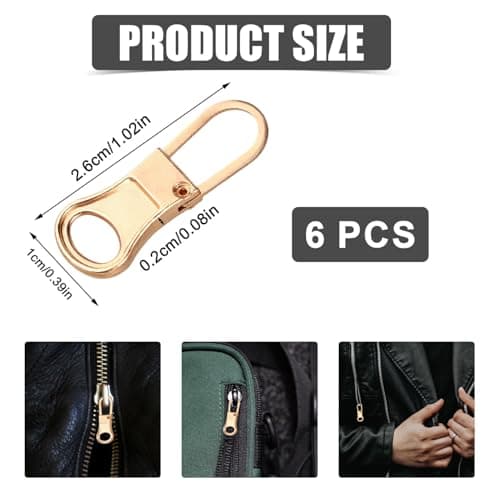 SAVITA 6pcs Detachable Zipper Pulls, Metal Zipper Puller Tab Replacement Fixer Repair Kit for Clothing Jackets Pants Coat Suitcase Bags Backpacks Luggage Purses (Gold) — view 2